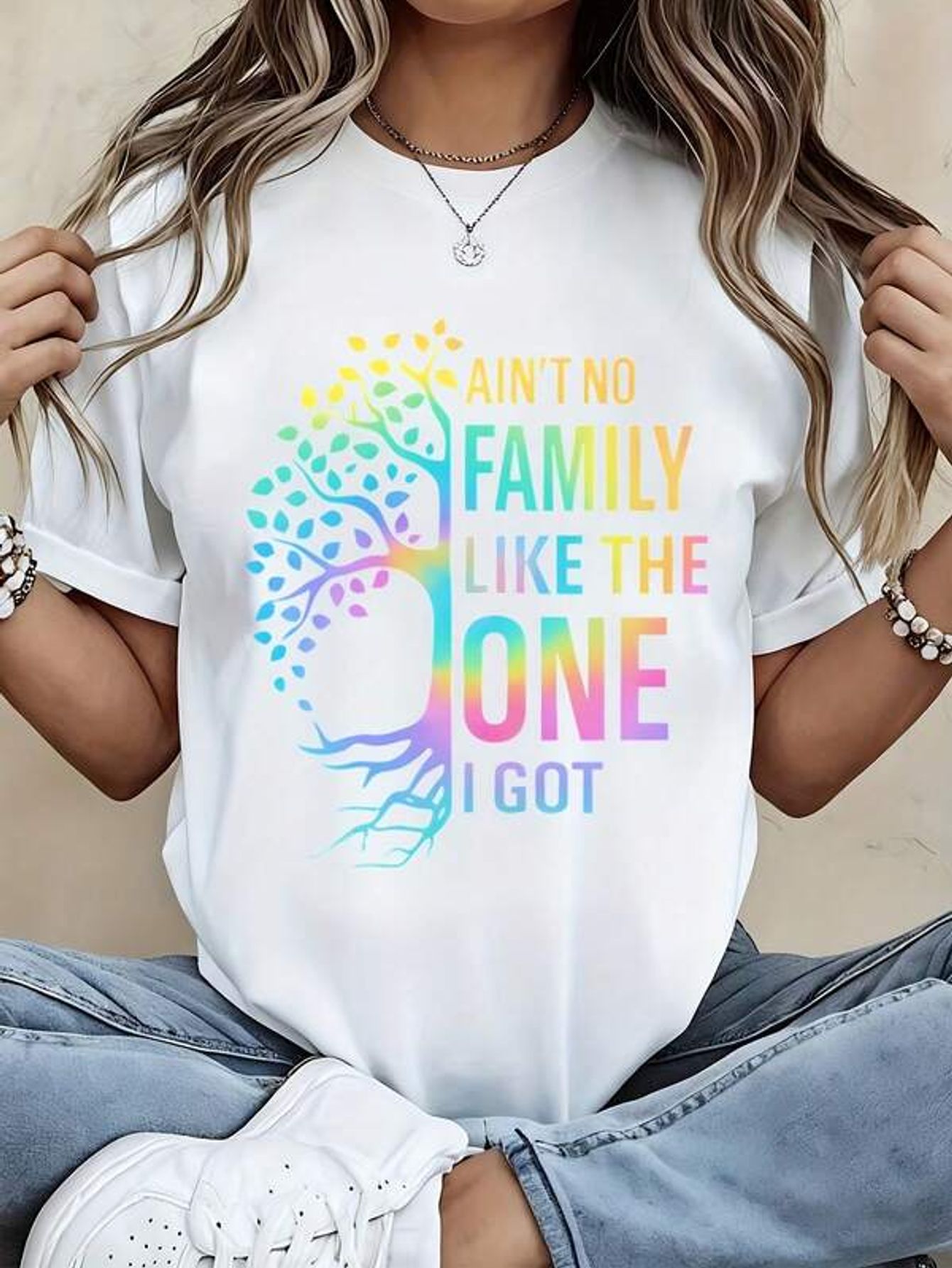 Family Tree Print - White Crewneck T-Shirt With Rainbow Tree