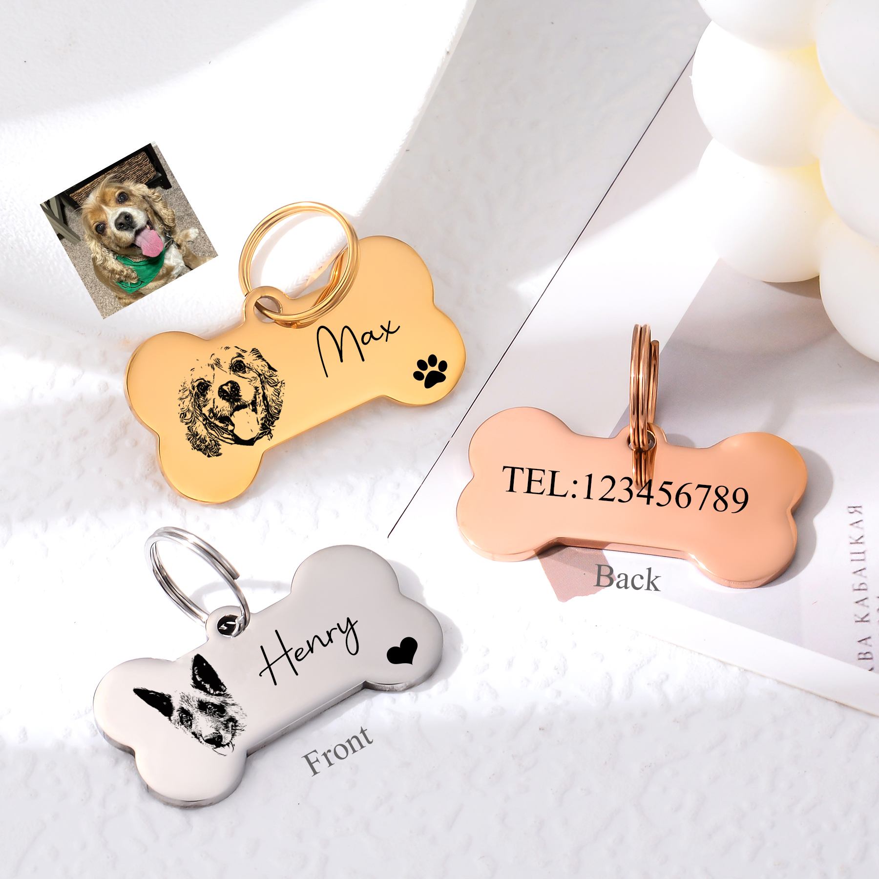 Pet Portrait Custom - Custom Bone Dog Keychain Engraved Pet