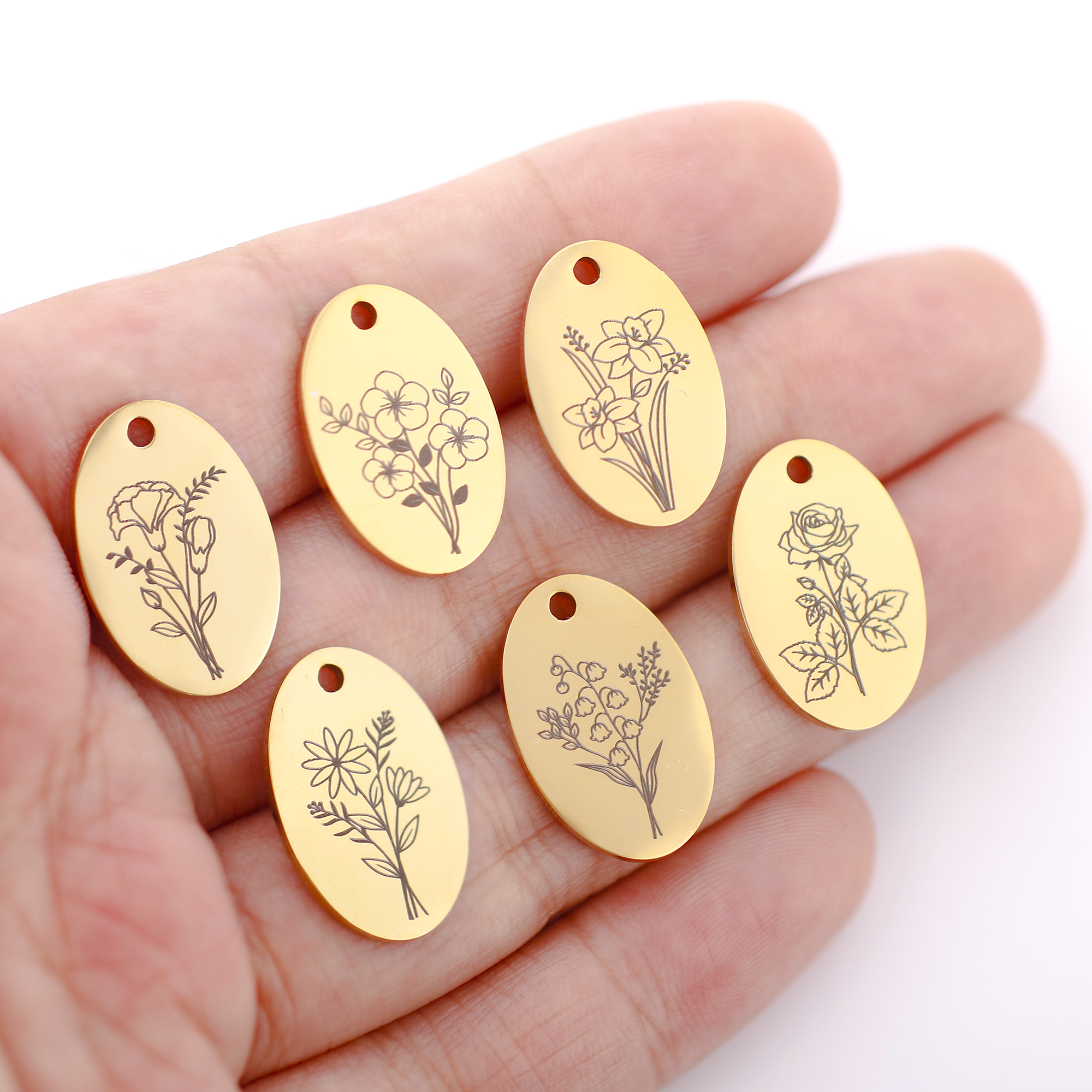 5Pcs Oval Birth Month Flower P - Birth Flower Necklace 评论和价格