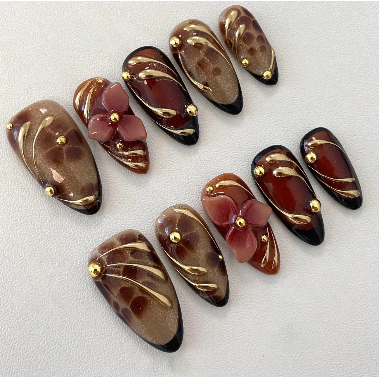 24pcs Leopard Print Brown Nail - Pressed Flower Art 评论和价格