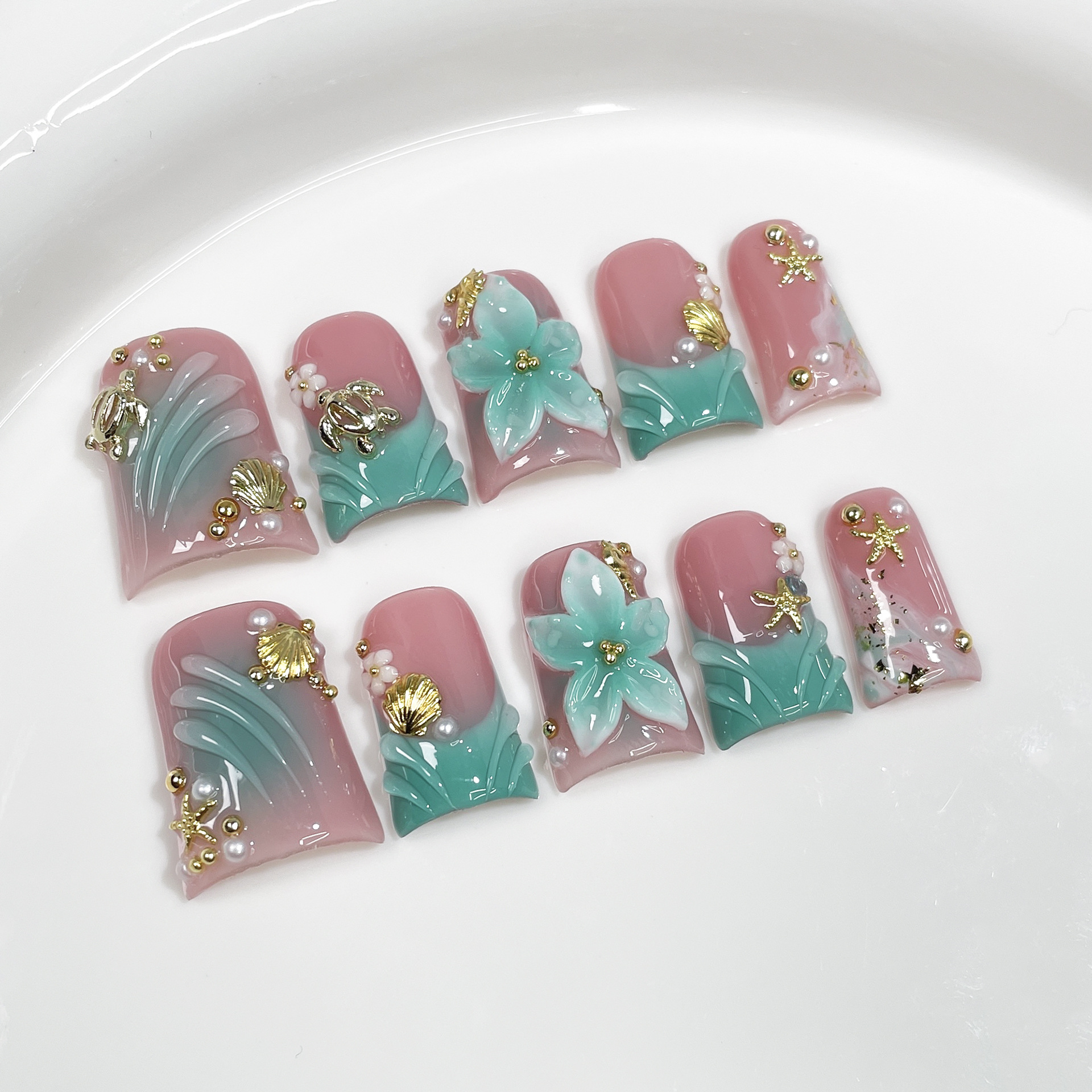 10pcs Ocean Style Fake Nails D - Pressed Flower Art 评论和价格