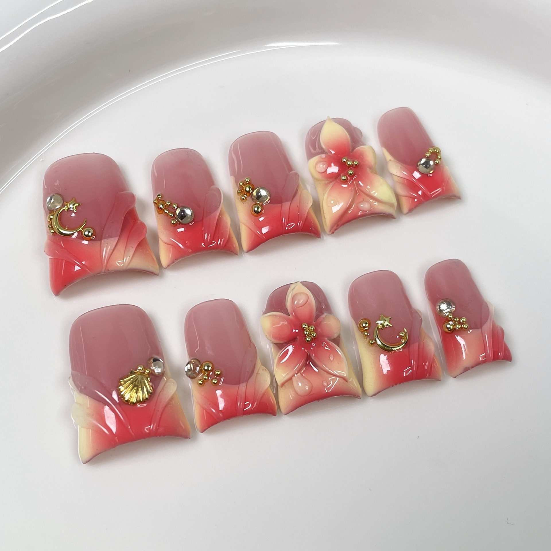 10pcs Ocean Style Fake Nails D - Pressed Flower Art 评论和价格