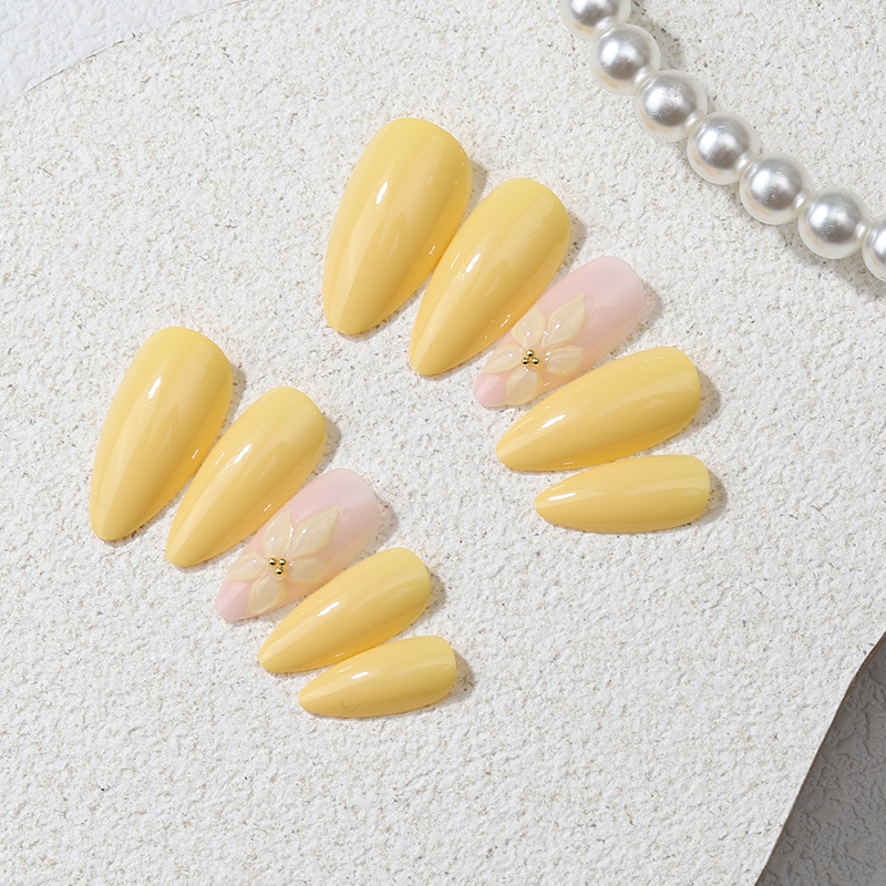 24PCS Yellow Almond Press On N - Pressed Flower Art 评论和价格