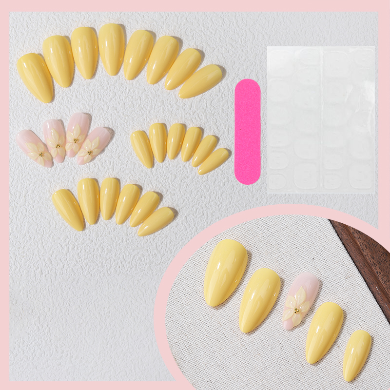 24PCS Yellow Almond Press On N - Pressed Flower Art 评论和价格